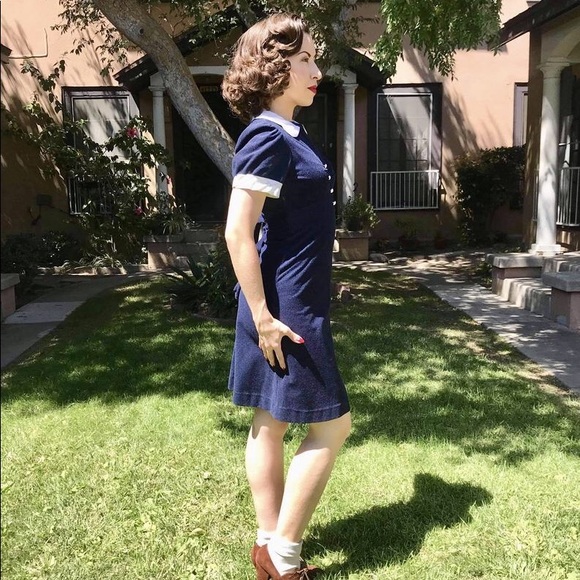 Vintage 1970s does 1930s Navy Fleece Dress XS - Picture 3 of 7